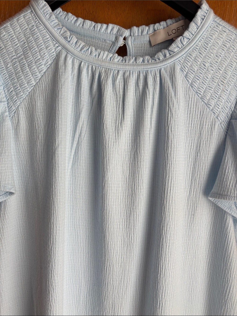LOFT Pale Blue Ruffled Crewneck Short Sleeve Blouse - Picture 3 of 6